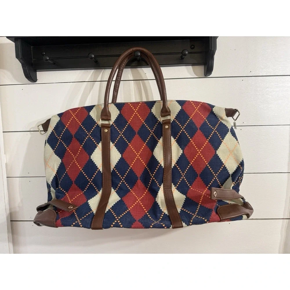 LULU DHARMA Stewart Blue Red Argyle Vegan‎ Leather Duffel Handbag NEW